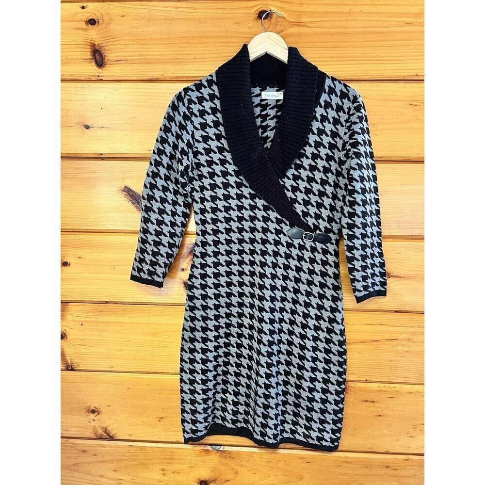Calvin Klein Houndstooth Knit Sweater Dress - Size S  Midi Cowl Neck Black White